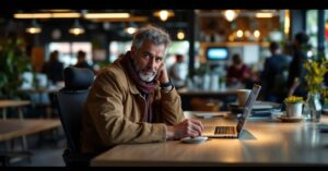 Entrepreneur utilisant le portail auto-entrepreneur sur un ordinateur portable dans un bureau moderne