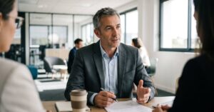 Conseiller en gestion d'entreprise analysant des données financières avec un client en réunion professionnelle