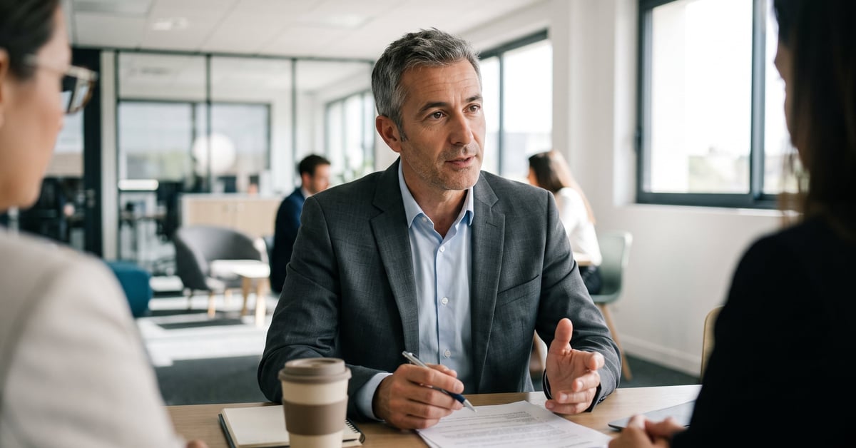 Conseiller en gestion d'entreprise analysant des données financières avec un client en réunion professionnelle
