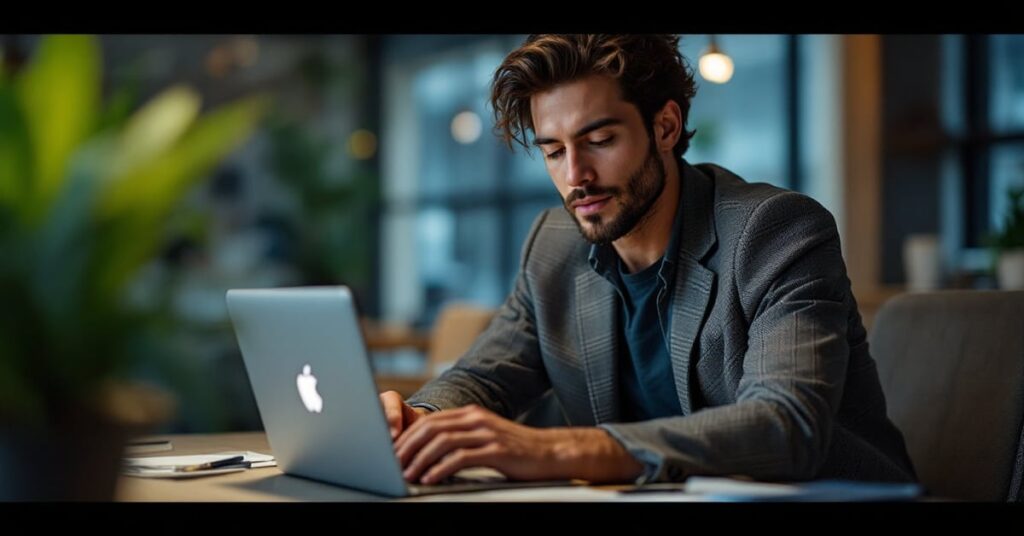 Entrepreneur à son bureau créant une auto-entreprise avec documents administratifs et ordinateur portable