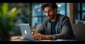 Entrepreneur à son bureau créant une auto-entreprise avec documents administratifs et ordinateur portable