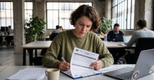 Entrepreneur individuel travaillant seul à son bureau, symbolisant la création d'une entreprise individuelle