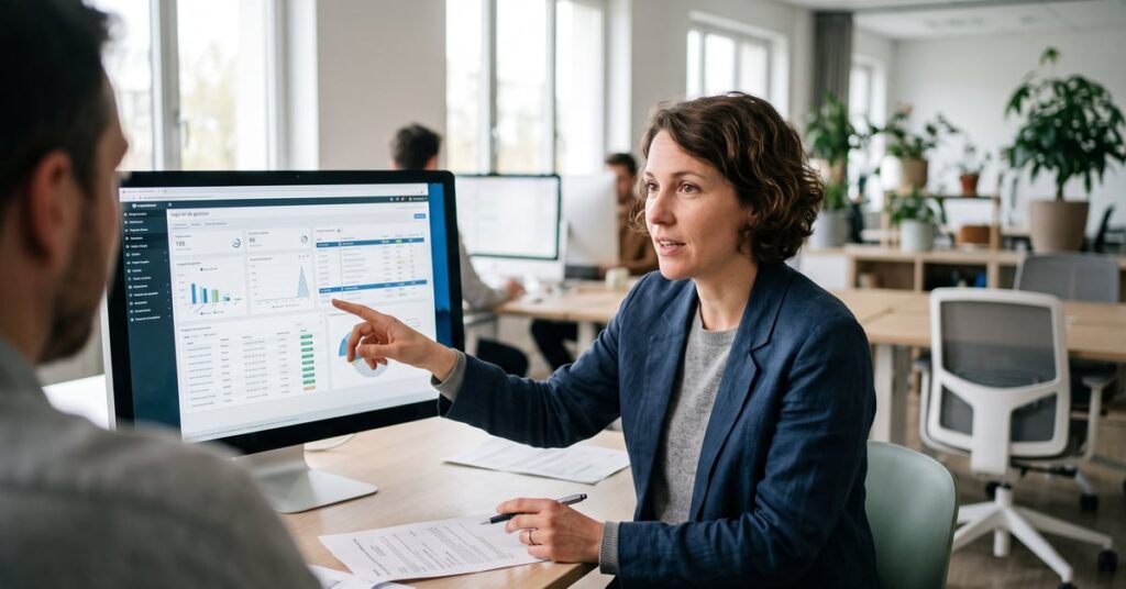 Interface de logiciel de gestion affichée sur un écran d'ordinateur dans un bureau moderne
