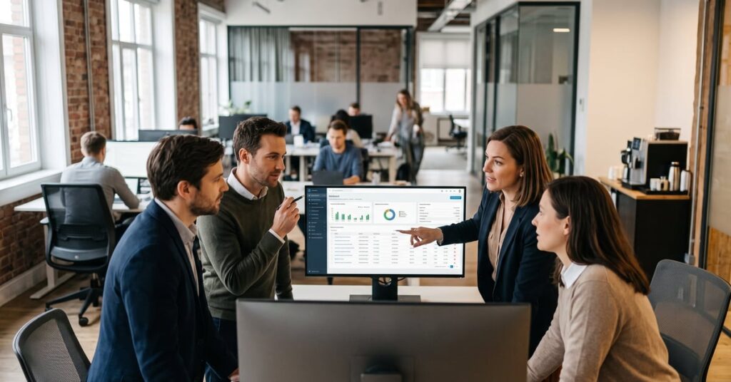 Logiciel de gestion commerciale sur écran d'ordinateur dans un bureau moderne