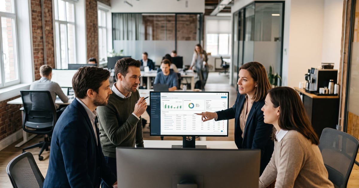 Logiciel de gestion commerciale sur écran d'ordinateur dans un bureau moderne