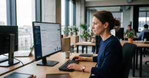 Interface de logiciel de gestion commerciale sur écran d'ordinateur dans un bureau moderne