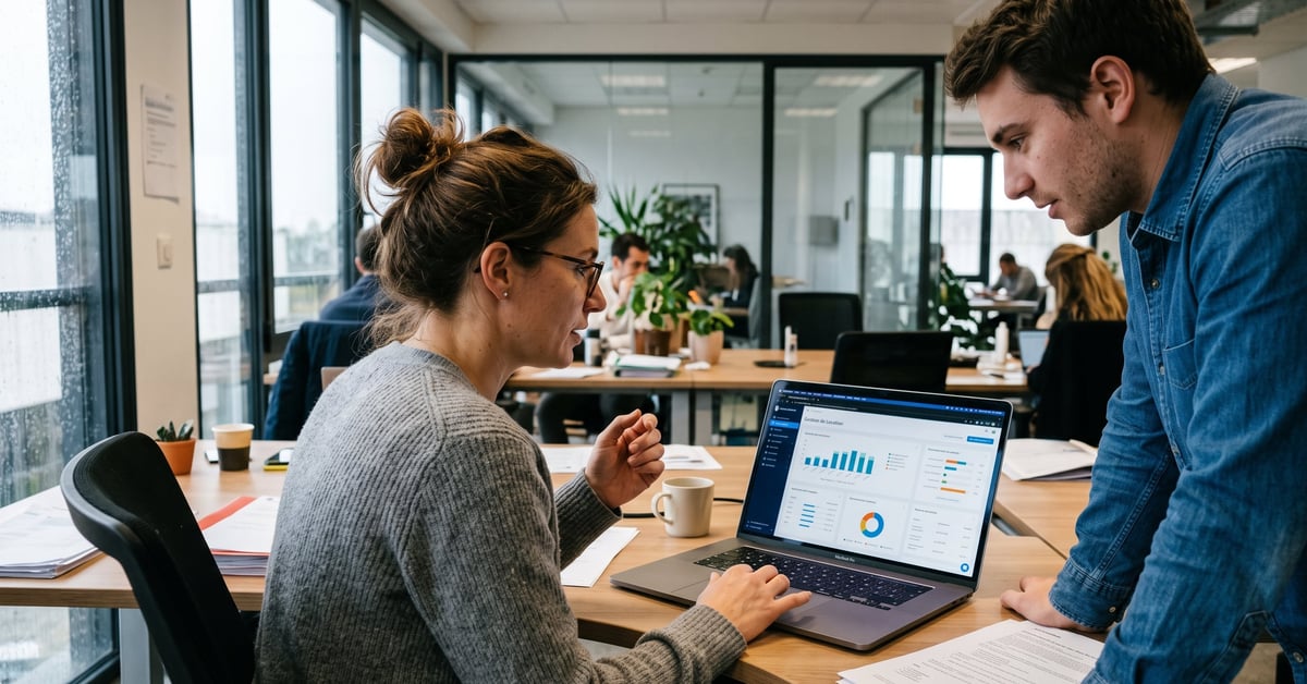 Logiciel de gestion de location sur écran d'ordinateur dans un bureau moderne