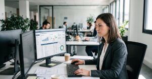Logiciel gestion de trésorerie affiché sur un écran d'ordinateur dans un bureau moderne