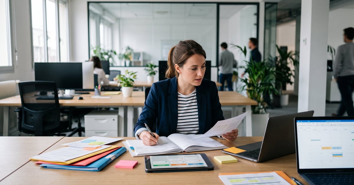 Outils de gestion modernes sur un bureau professionnel pour piloter une activité