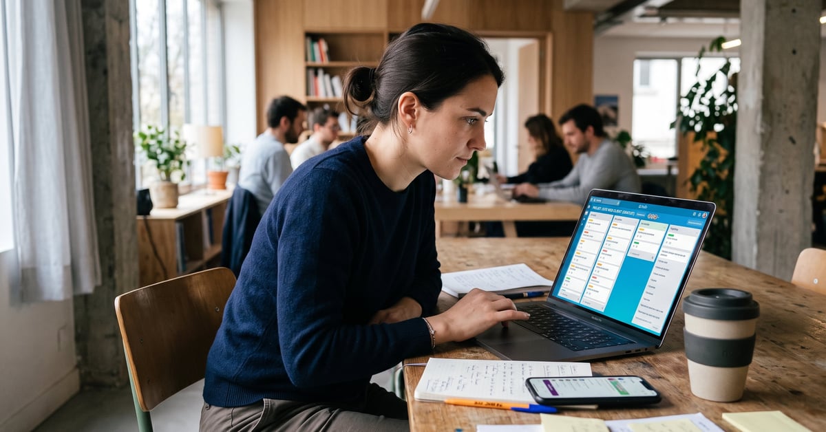Outils de gestion de projet gratuit sur un bureau moderne avec ordinateur et notes organisées