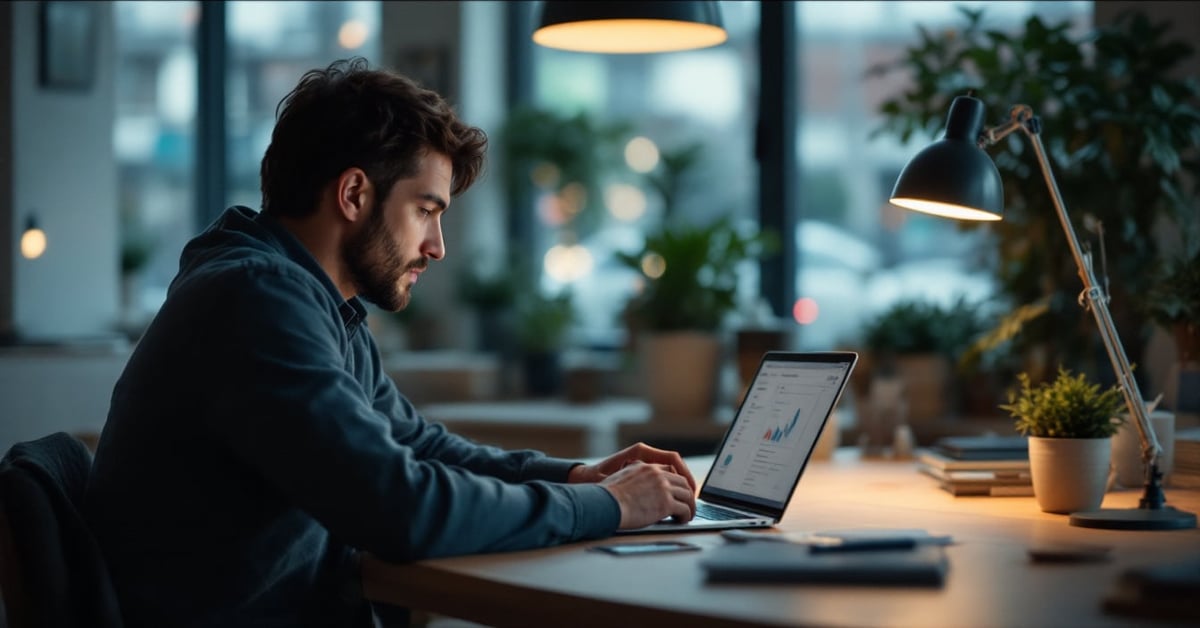 Entrepreneur travaillant sur ordinateur portable pour créer une entreprise en ligne depuis son bureau moderne