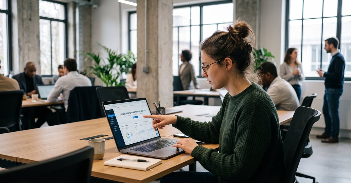 logiciel gestion d'entreprise gratuit affiché sur un écran d'ordinateur moderne en environnement de bureau